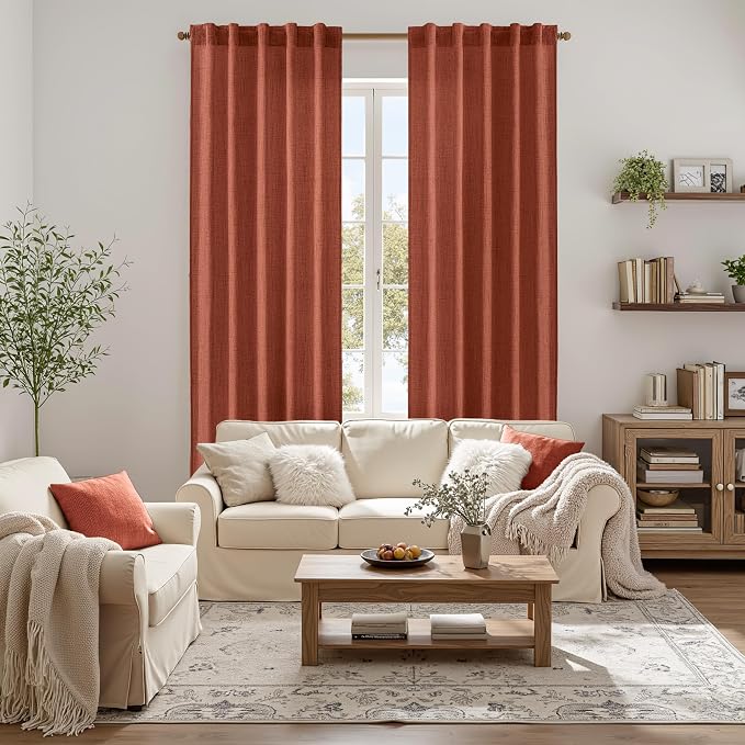 MIULEE Faux Linen Curtains 84 Inch Length 2 Panels Natural Burnt Orange Semi Sheer Curtain with Back Tab Rod Pocket, Light Filtering Window Privacy Burlap Drapes for Living Room Bedroom 42W x 84L