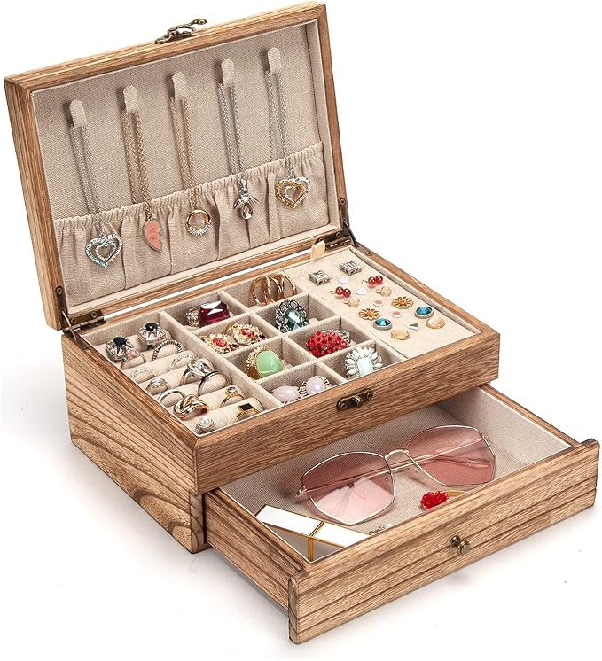 Pinzoveco Jewelry Box for Women, Rustic Wooden Jewelry Organizer Box for Storage Earrings Rings Necklace Bracelet, Farmhouse Style Wood Jewelry Boxes & Organizers (Torched Wood Color)