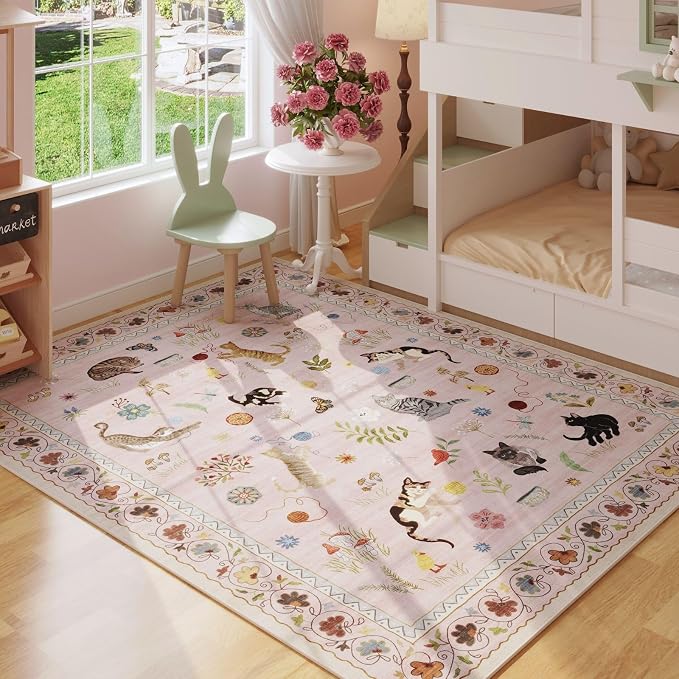 Rugcomf Area Rug 4x6 Rug Washable Boho Rugs Non Slip Low Pile Floral Animal Cat Small Carpet for Bedroom Bedside Kids Room Office Dining Room, Pink