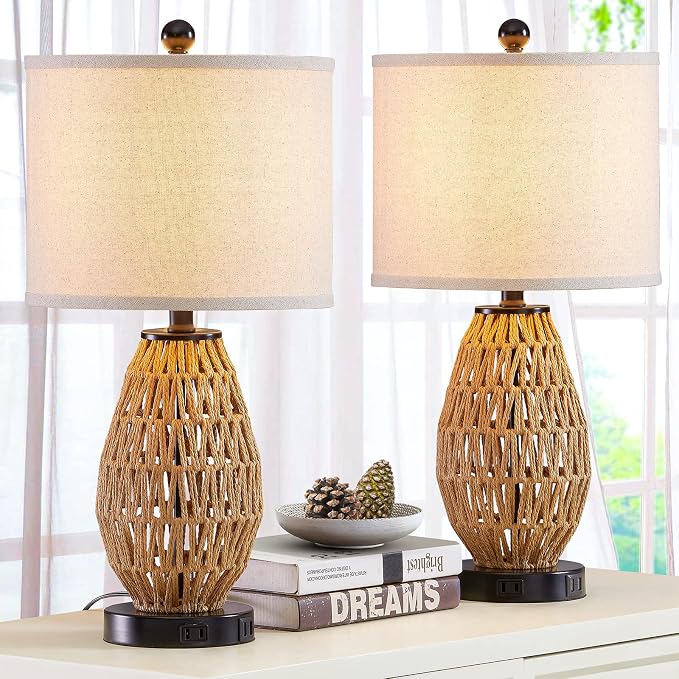 CINSARY Touch Control Rattan Table Lamps, 3 Way Dimmable Bedside Lamps for Bedroom Set of 2 with 2 USB Ports and AC Outlet, Wicker Nightstand Lamps for Living Room (LED Bulbs Included), Rattan
