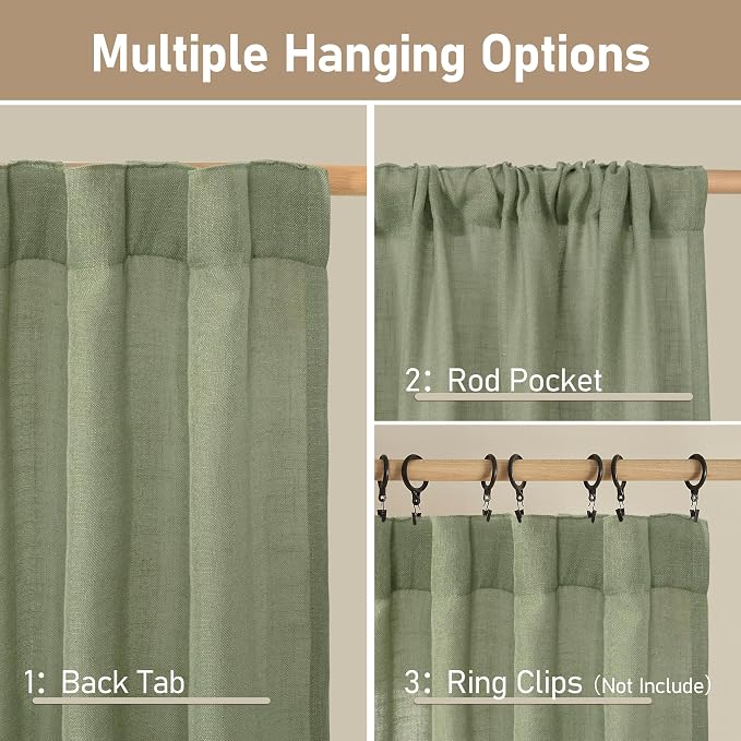 60 Inch Length Window Linen Curtains, Light Filtering Sheer Panels | Semi Sheer Panels, Neutral Curtains for Bedroom, Living Room, Rod Pocket Back Tab, Sage Green, 2 Panels, 34 x 60 Inch