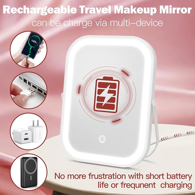 ROLOVE 6x8 Inch Rechargeable Makeup Mirror with Lights, 3 Color, Portable