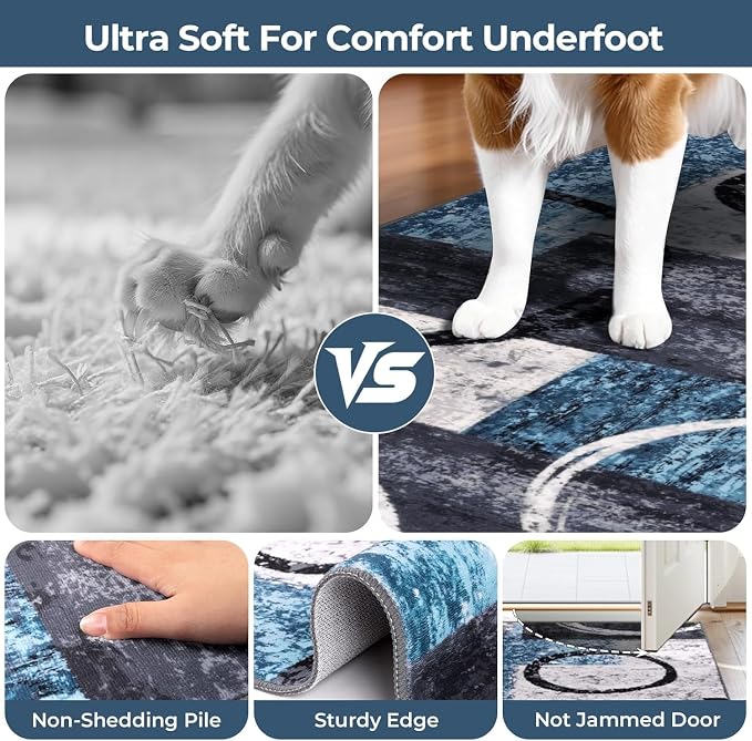 Yamaziot 8x10 Washable Modern Abstract Area Rug Non-Slip Living Room Rug | Stain Resistant, Low Pile, Ultra Soft Carpet Rug with Rubber Backing for Dining Room, Nursery, Bedroom, Office, Blue