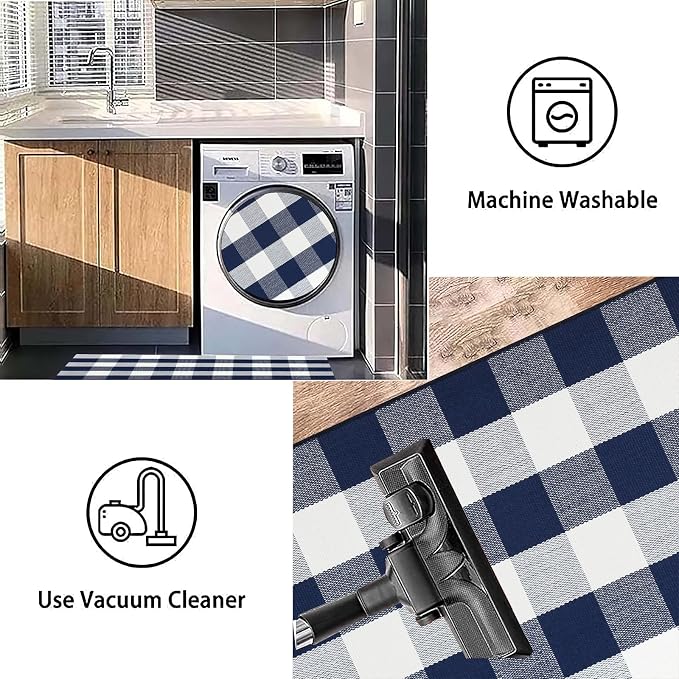 Front Door Mat Outdoor 24''x35''Blue and White Buffalo Plaid Area Rug Machine Washable Cotton Woven Layering Doomat for Hello/Welcome Mat Porch，Kitchen,Farmhouse,Entryway,Bedroom