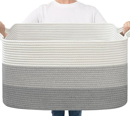 Goodpick Large Woven Rope Blanket Basket, Rectangle, Light Gray | 21.6'' x 14.9'' x 11.8'' Storage Basket for Blankets, Pillows & Toys, Living Room & Nursery Organization, Reinforced Handles