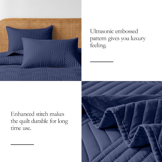 Davulos King Quilt Bedding Set,Navy Blue Ultrasonic King/Cal King Quilt Set Reversible Microfiber Bedspread,Lightweight Soft Modern Geometric Coverlet Set for All Seasons(1 Quilt,2 Pillow Shams)