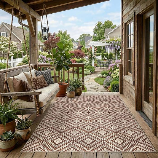 jinchan 5x7 Faux Jute Area Rug Washable Tile-Inspired Rug, Terracotta Brown | Vintage Geometric, Non-Slip, Low Pile, Indoor Outdoor, Natural Fiber Look, Living Room, Dining Room, Backyard, Bedroom, Patio