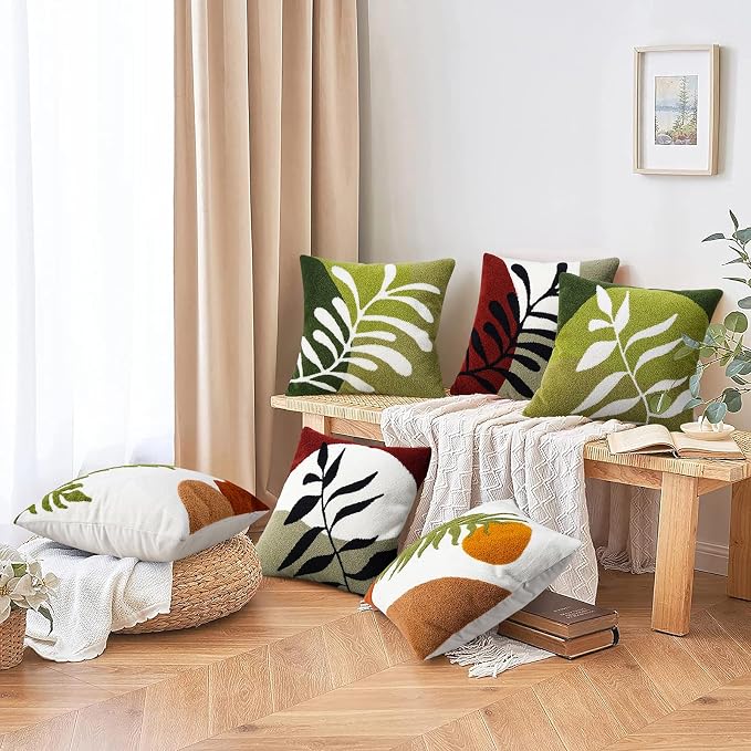 Merrycolor Boho Decorative Throw Pillow Covers 18x18 Tufted Green Decorative Pillows Covers Sun Leaf Mid Century Modern Throw Pillows for Bed Couch Sofa Living Room 1PC