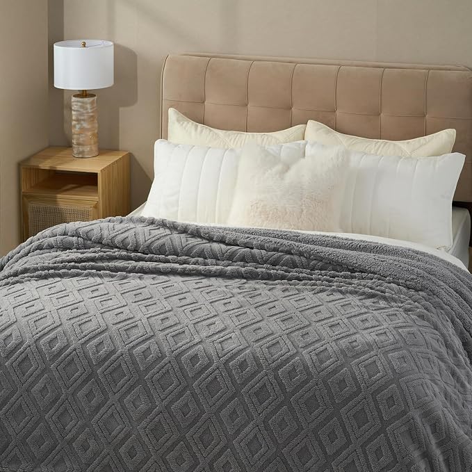 EverGrace Jacquard Reversible Sherpa Throw Blanket, 90" x 90", Grey | Jacquard Sherpa Throw Blanket, Super Soft, Cozy Plush Blanket, Reversible Thick Warm Throw for Bed, Sofa, Living Room