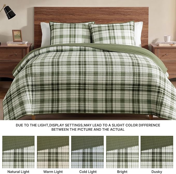 Twin Quilt-Lightweight Bedspread Plaid Quilt Twin Size Quilt Bedding Set | Green Reversible Coverlet for All Seasons, Suitable for Bed, Couch, 2 Pieces, 66"x92"