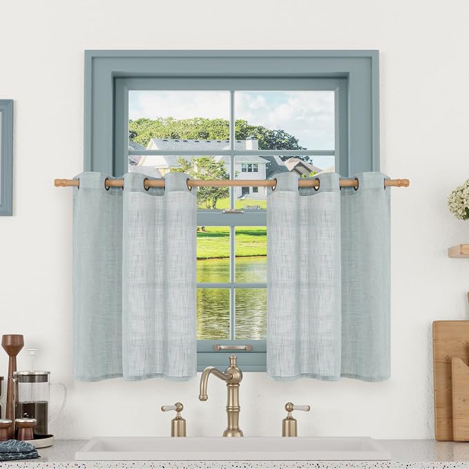 Short Linen Curtains 30 Inch Length for Small Windows 2 Panels | Greyish Blue, Semi Sheer Light Filtering Panels, Cafe, Curtains for Half Windows, Bronze Grommet Drapes, 34 x 30 Inch