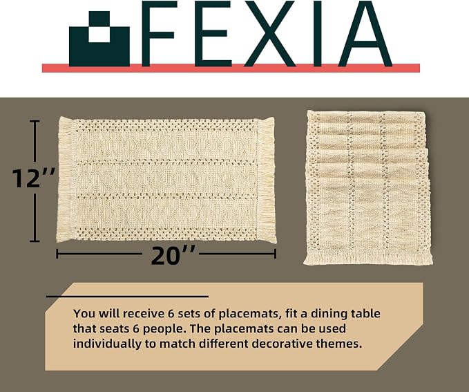 FEXIA Boho Placemats Set of 6 Table Mats Farmhouse Home Dining Decor | 12x20" Place Mat Set of 6 Macrame Table Decor Farmhouse Burlap Placemats for Home Dining Table Centerpiece Home Decorations