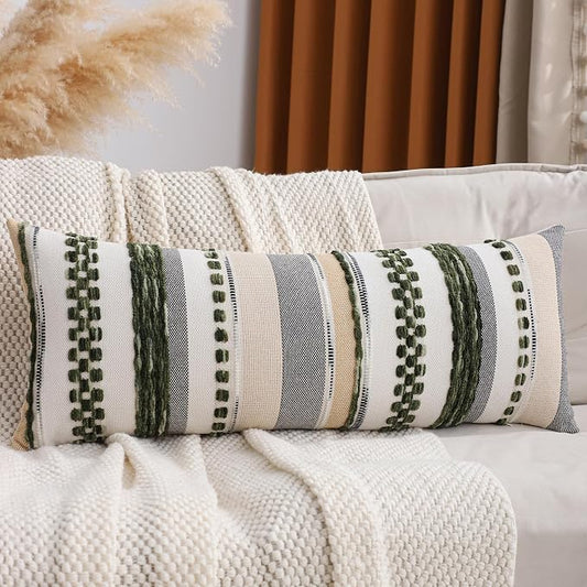 Dark Green Boho Lumbar Throw Pillow Cover 14x36
