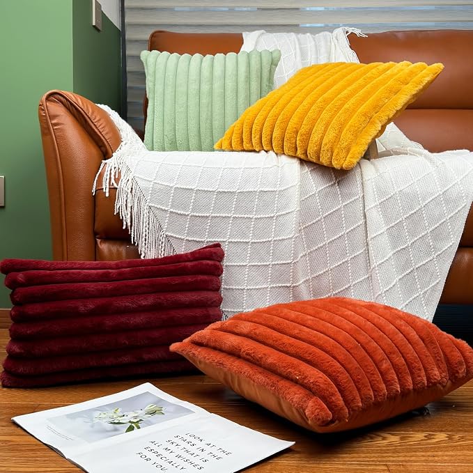 24x24 Pillow Covers, Decorative Faux Fur Throw Pillow Covers for Couch, Sofa Soft Fluffy Pillow Cover with Velvet Back for Living Room, Neutral Home Décor Accent for Bed - Burnt Orange