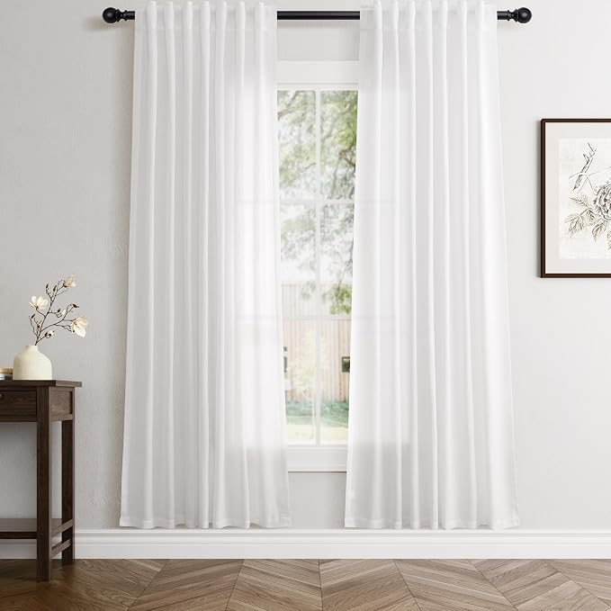 Jowels White Linen Curtains 72 Inch Long 2 Panels for Living Room | Light Filtering Semi Sheer Curtain, Back Tab Pocket Pleated Look, Boho Farmhouse Textured Privacy Drapes for Bedroom Window