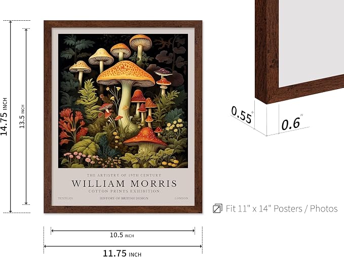 Poster Master William Morris Poster - Mushrooms Print - Flower Art - Farmhouse Illustration - Floral Illustration - Aesthetic Piece - Office or Living Room Decor - 11x14 Brown Framed