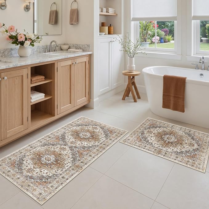 Madane 2-Piece Area Rugs Set, Small Kitchen Runner Non-Slip, Turmeric/Grey | Rug Runners Vintage Door Mat Indoor Entrance, Low Pile Floor Carpet for Inside Front Bedroom Entryway Entry Laundry 2x3+2x4