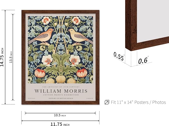 Poster Master William Morris Poster - Strawberry Thief Print - Bird Art - Botanical Art - Flower Artwork - Exhibition Creation - Animal Piece - Floral Illustration - Office or Bedroom Wall Decor - 11x14 Brown Framed