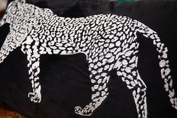 vctops Soft Velvet Embroidery Lumbar Decorative Throw Pillow Covers Leopard Pattern Cushion Case for Sofa Bedroom Couch (Black,12"x20")