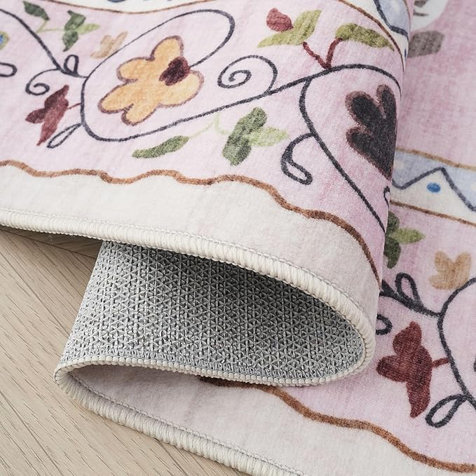 Rugcomf Living Room Rug 5x7 Rug Machine Washable Boho Area Rug Non Slip Floral Animal Cat Vintage Low Pile Large Rugs for Living Room Bedroom Farmhouse Dining Room Kids Playroom, Pink