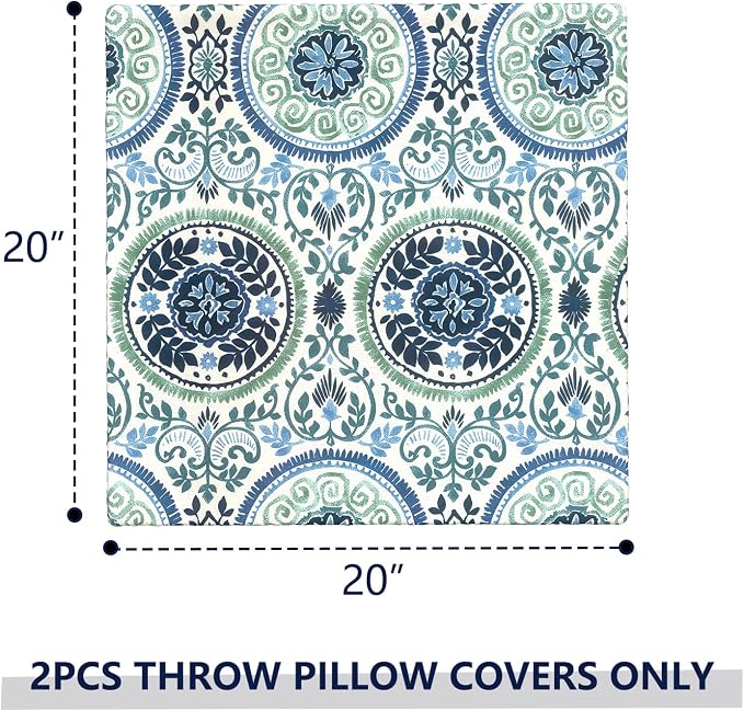 Outdoor Pillow Covers Waterproof 20x20 Inch Set of 2 Medallion Blue Decorative Outside Patio Furniture Cushion Cases Decor for Porch Garden
