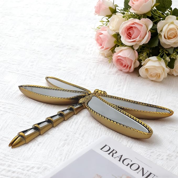 Golden Dragonfly Wall Mirror, Vintage Resin Dragonfly Mirror Wall Decor | Decorative Dragonfly Mirror Wall Sculpture, Insect Mirror Wall Decor, Wall Mounted Decor for Living Room Bedroom and Entryway