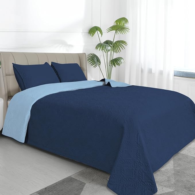 Easy-Going Reversible Quilt Set Twin, Bedspread with 1 Shams | Olive leaf-Dark Blue/Light Blue, Lightweight Bed Comforter, 1 Quilt + 1 Pillow Shams, All-Season Coverlets
