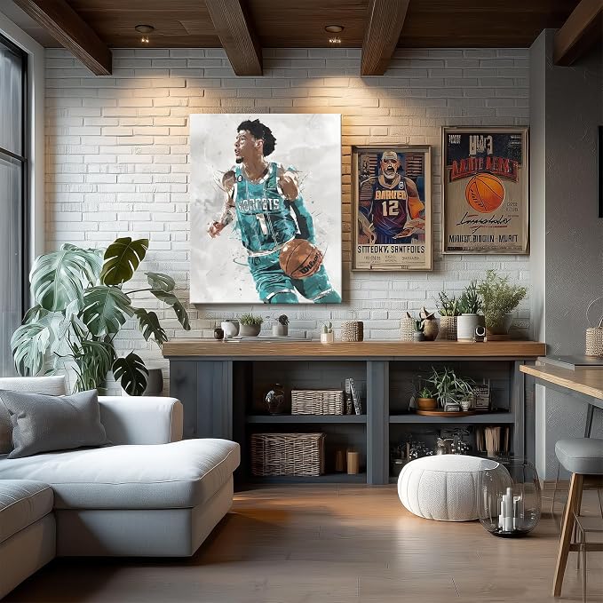 Lamelo Ball Basketball Canvas Wall Art, Sports Player Poster, 24x30 Inch | Abstract splash ink athletic artwork, motivational sports wall decor for teen boys room, bedroom, living room, gym or office