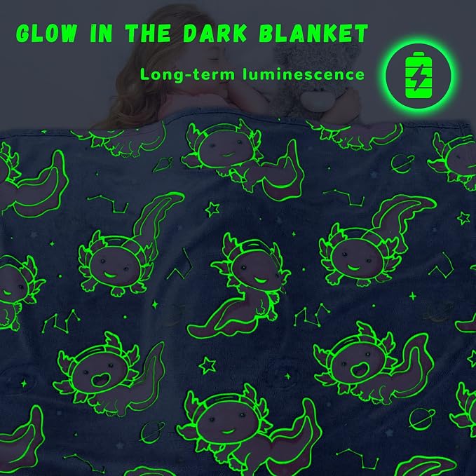 GEULAY Axolotl Blanket Glow in the Dark for Girls, 50x60 inches | Axolotl Birthday Gifts Room Decor, Soft Cozy Plush Fleece, For Couch Bed Travel Car Airplane, Toys for Kids