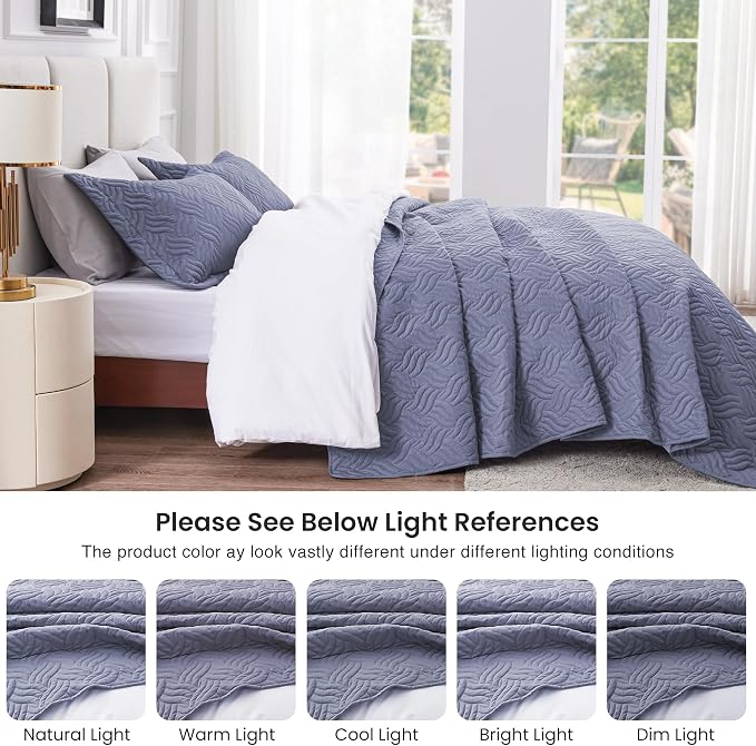 Love's cabin Quilts for Queen Bed Bluish Grey Bedspreads Bedding Set - Summer Lightweight Bedspread Comforter - Wave Pattern Bedding Coverlet for All Season - 3 Pieces (1 Quilt, 2 Pillow Shams)
