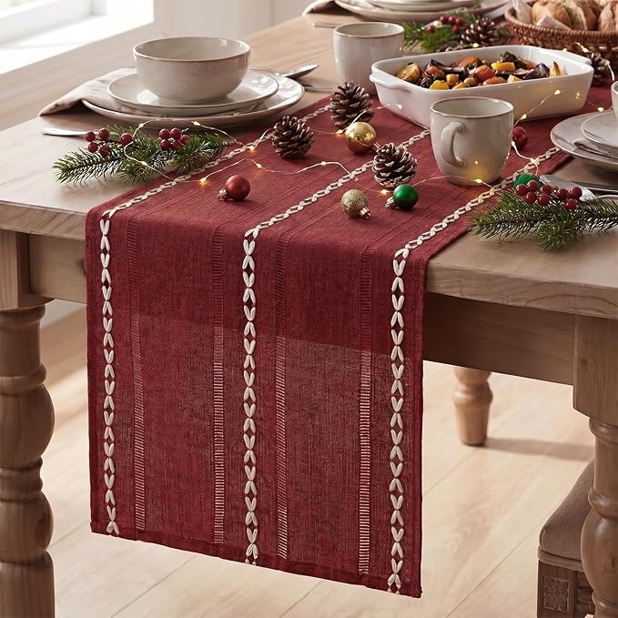 Artoid Mode Red Rustic Cotton Linen Christmas Table Runner, Seasonal Embroidered Hollow Kitchen Dining Table Decoration for Home Party Decor 13x60 Inch