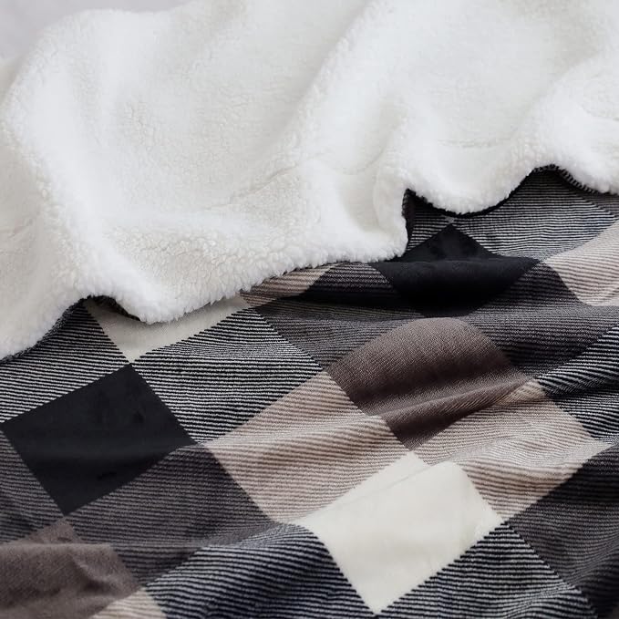 SOCHOW Buffalo Plaid Sherpa Throw Blanket, 60 x 80 inches, Black/White | Double-Sided Checkered Super Soft Luxurious Bedding Fleece Blanket