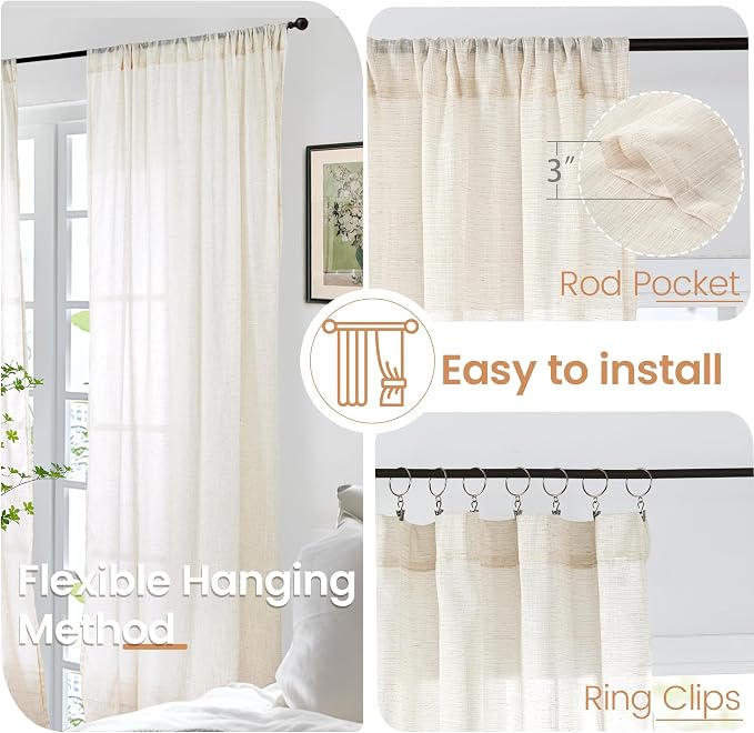 BGment Short Beige Linen Semi Sheer Curtains 30 Inch Length for Windows, Small Drapes Lightweight Rustic Textured for Bathroom Over Sink Cafe Decor Rod Pocket, 2 Panels Set, 30 Inch Wide