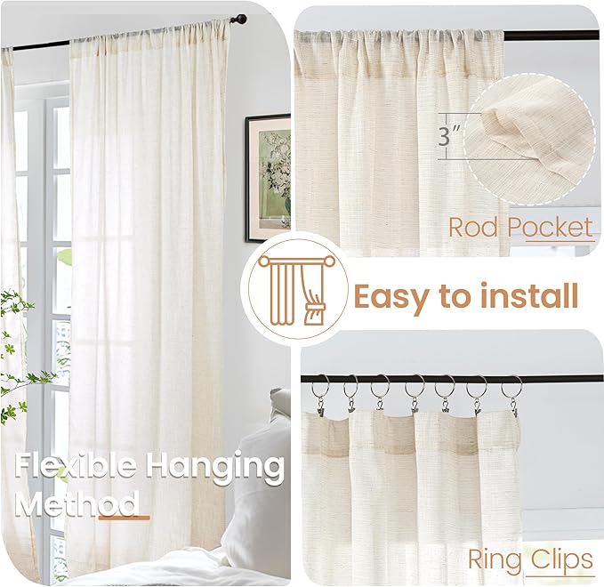 BGment Linen Kitchen Window Curtains Over Sink, 36 Inch Length Cafe Drapes | Beige Semi Sheer with Rod Pocket Light Filtering for Bathroom Small Window, 2 Panels Set, 30 X 36 Inch