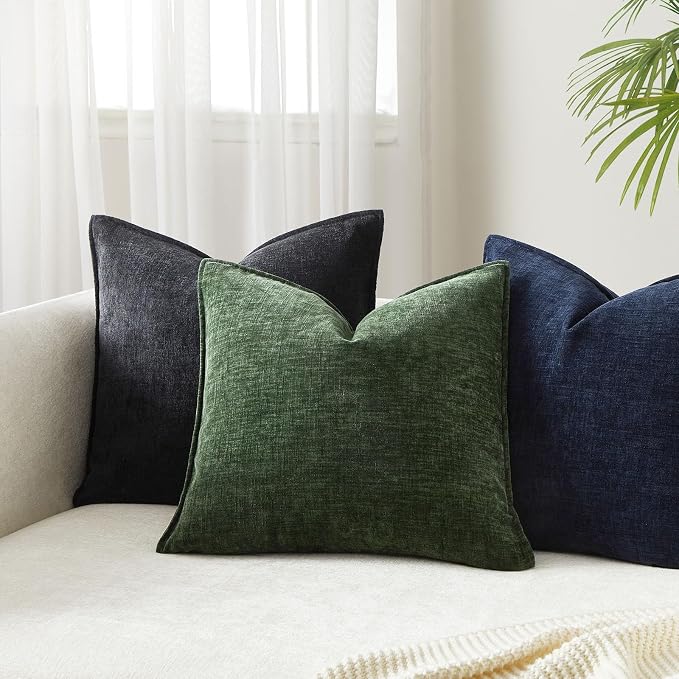 JUSPURBET 22x22 Chenille Decorative Throw Pillow Covers Set of 2,Green | ﻿Cozy Soft Cushion Cover Case with Hidden Zipper for Couch Sofa Bed Living Room Home Decor Christmas