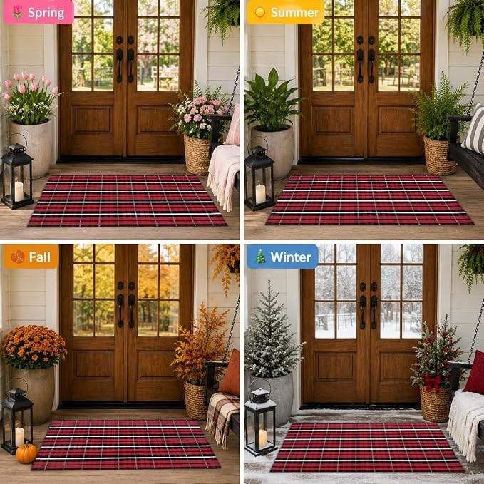 USTIDE Buffalo Plaid Cotton Handwoven Rug 2' x 4'3" Machine Washable Layered Front Porch Rug Red Black Checkered Farmhouse Entryway Mat Indoor Outdoor Door Mat for Patio Porch Christmas Holiday Decor