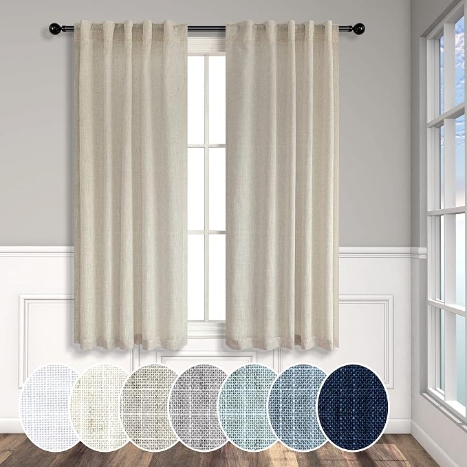 Flax Linen Curtains 38 Inch Width for Kitchen Farmhouse 2 Panels Back Tab Pocket Light Reducing Semi Sheer Tan Beige Curtains for Bathroom Window Door Entryway Cottage Decor Wide 38x45 Inch Length