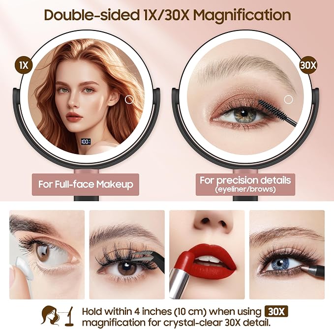 GOMIPURU Makeup Magnifying Mirror with Light 30X/1X, Digital Display, 2-Sided Touch Control, Makeup Mirror with 3 Color Lights,360° Rotate, Height Adjustable Lighted Magnifying Mirrors for Desk Travel