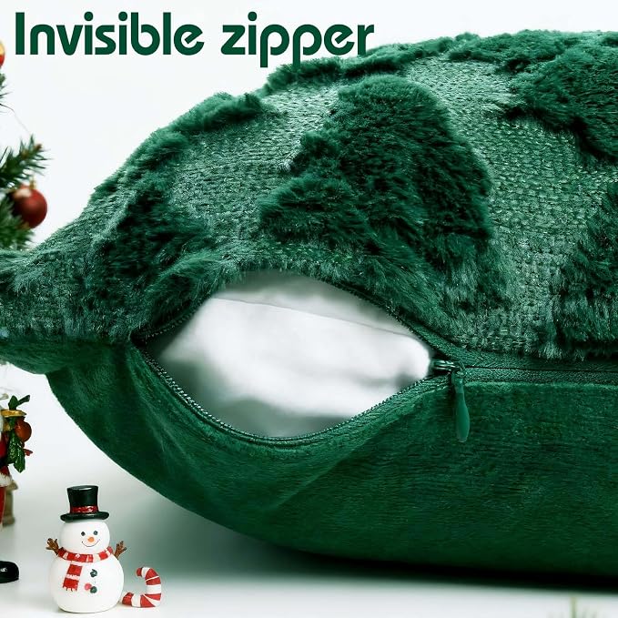 ONFAON Christmas Decorations - Christmas Tree 18x18 Throw Pillow Covers Set of 2,Xmas Decorations Faux Fur Cushion Covers, 3D Embroidered Pillow Cases for Couch Bedroom Living Room Decor, Green