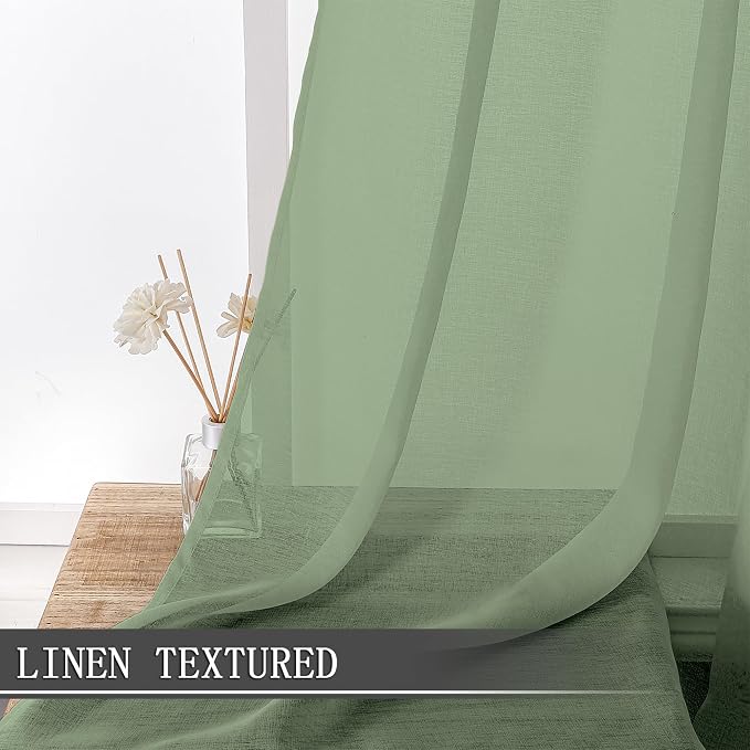 Tollpiz Short Sheer Curtain Linen Textured Bedroom Curtains Sheer Light Filtering Rod Pocket Voile Curtain for Living Room, 54 x 54 inches Long, Sage Green, Set of 2 Panels