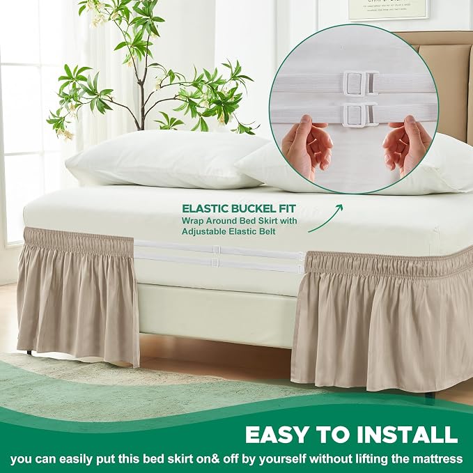 Wrap Around Bed Skirt King 21" Drop-Elastic Long Dust Ruffle Light Camel | Adjustable Pleated Bedskirt-Easy Fit Wrinkle Resistant Washable Hotel Quality Fabric Bed Skirting-Master Guest Bedroom Rental