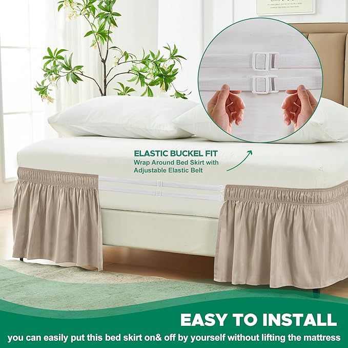 Wrap Around Bed Skirt King 22" Drop-Elastic Long Dust Ruffle Light Camel | Adjustable Pleated Bedskirt-Easy Fit Wrinkle Resistant Washable Hotel Quality Fabric Bed Skirting-Master Guest Bedroom Rental