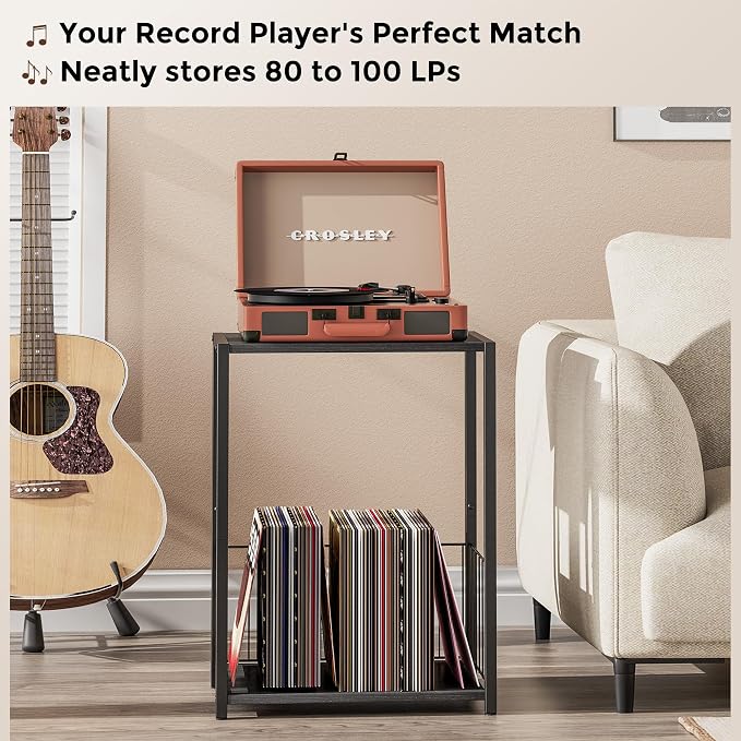 Homleke Side Table with Magazine Holder, Record Player Stand with LP Shelf | LP Storage, Magazine Holder, Easy Assembly, Living Room, Bedroom, Bedside, 11" D x 16.9" W x 23.6" H, Black
