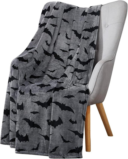 Halloween Fleece Throw Blanket, Black Bats on Gray, 50"x70" Oversized | Ultra-soft cozy flannel fleece, for sofa couch bed chair & dorms, spooky Halloween décor, durable and machine washable.