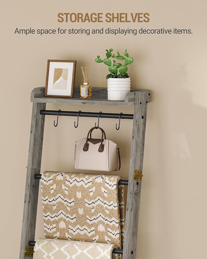 Hzuaneri Blanket Ladder Shelf, Farmhouse Ladder Holder, Blanket Organizer | 7-Tier Decorative Quilt Rack with 4 Removable Hooks 7.9" D x 17.3" W x 66.9" H, Greige BR36805B