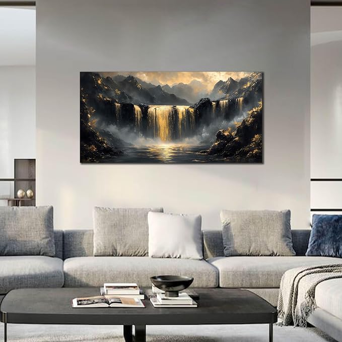 Mountain Pictures Wall Art for Living Room - Black And Gold Wall Decor Office - Modern Art Wall Decor for Bedroom Size 24" x 48"