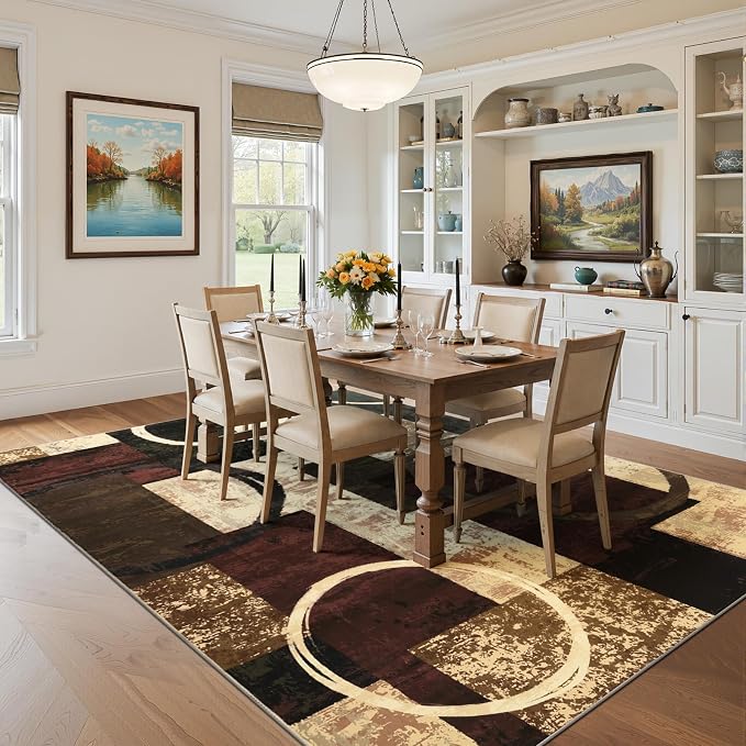 Yamaziot 8x10 Washable Modern Abstract Area Rug Non-Slip Living Room Rug | Stain Resistant, Low Pile, Ultra Soft Carpet Rug with Rubber Backing for Dining Room, Nursery, Bedroom, Office, Brown