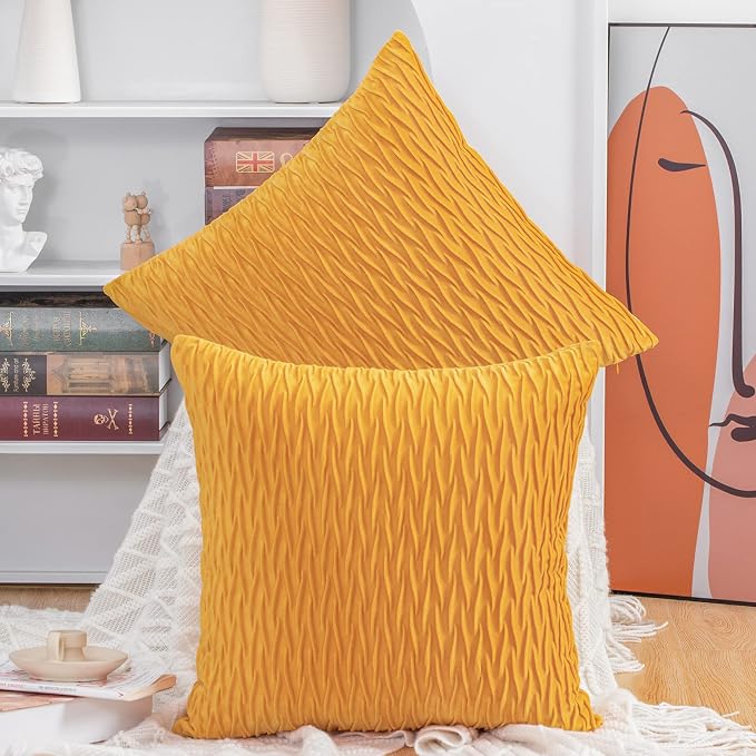 MADIZZ Set of 2 Super Soft Velvet Decorative Throw Pillow Covers 16x16 inch Yellow Square with Texture Luxury Style Cushion Case Pillow Shell for Sofa Bedroom
