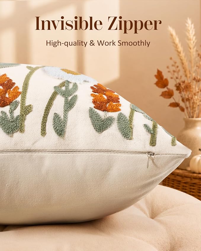 Wildflower Embroidered Throw Pillow Cover 18x18 Inch Fall Floral