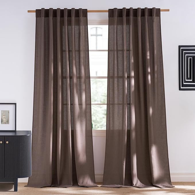 NICETOWN Linen Brown Semi Sheer Curtains for Bedroom, Rod Pocket & Back Tab Privacy Added Thick Flax Linen Blend with Light Filtering Window Treatments for Living Room, W55 x L96, 2 Panels